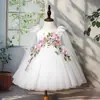 Vestido Infantil com Pesado Design Floral Azul, Vestido Tutu para Crianças Pequenas com Aplique Tridimensional para Damas de Honra e Princesas