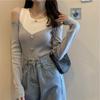 Prendas de punto otoño 2024 nueva ropa de mujer estilo coreano diseño de moda estilo occidental botón costura fuera del hombro jersey top