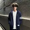 Sudadera con capucha y cremallera estilo High Street americano para hombre, primavera/otoño, estilo fino, cárdigan de tres rayas, prenda exterior holgada, azul marino, ropa de pareja