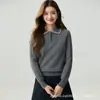 2026 Otoño/Invierno Jersey Elegante con Ribete de Color Contrastante Bordado a Mano Cuello Polo Lana Cachemira Tejido Estilo Coreano Top