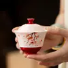 Cuenco de Té de Cerámica Rojo Ciruelo Flor de Ciruelo Rojo Pintado a Mano en Pared de Palacio Arcilla de Jade Dinastías Tang y Song, Juego de Té Kung Fu, Vajilla de Cerámica para el Hogar de Erudito, Cuenco de Té