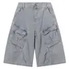 Calça Jeans Cargo Lavada Retro Americana com Múltiplos Bolsos para Homem, Tendência Verão 2025, Calça Cropped Larga Casual Solta