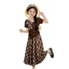 Conjunto de verano para niñas estilo coreano, nueva falda de cuadros con lazo, top de manga corta, falda larga, conjunto de dos piezas para niños mayores