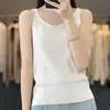 Camisole de malha feminina casual para o dia a dia, gola redonda, cor sólida, sem mangas, lã penteada, afina a cintura, novidade primavera e verão