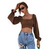 Primavera/Verano 2026 Nuevo Estilo Europeo y Americano Sexy y Elegante Anudado Ajustado Cuello Cuadrado Ultracorto Manga Larga Camisa Top de Mujer