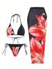 Traje de baño dividido europeo y americano 2025 para mujer, bikini estampado, falda envolvente delgada de tres piezas para playa