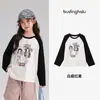 Pudding Haru Roupa de Outono Meninas Roupas Infantis 100% Algodão Camiseta Estilo Outono 2026 Desenho Infantil Bloco de Cores Manga Raglan Camiseta