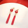 Pendientes de Lazo de Perla Estilo Chino Retro Pendientes de Borla de León Pendientes Rojos de Año Nuevo Cabeza de León