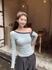 Camiseta de Manga Larga Ajustada con Cuello Redondo, Bloques de Color Azul, Estilo Nuevo Otoño/Invierno para Mujer, Top Estilo Coreano Transpirable Azul