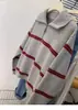Suéter Rayado con Cuello Polo y Media Cremallera para Mujer, Jersey de Punto Estilo Perezoso, Bloques de Color, Lana 100%, Engrosado, Nuevo Modelo 2026