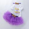 Atacado transfronteiriço ins roupas infantis novo desenho animado aniversário manga curta vestido princesa cor acessório de cabeça conjunto de três peças
