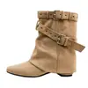 Primeiro Encontro: Botas Curtas Ocidentais de Cowboy Vintage de Outono Femininas com Fivela Maillard, Bico Quadrado Pequeno e Design Plissado