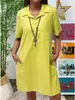 2026 Aliexpress Amazon Wish Cruzado Europeo y Americano Algodón y Lino Color Sólido Hombro Caído Manga Corta Bolsillo Vestido Casual