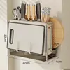Suporte para facas e prateleira de armazenamento, porta-utensílios de cozinha multifuncional, tábua de corte integrada, suporte magnético para facas, suporte para tábua de corte de bancada para facas de cozinha
