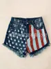 Jeans Europeos y Americanos Amazon Wish Sitio Independiente Transfronterizo Bandera Americana Borla Estrella Estampado Mezclilla Pantalones Cortos para Mujer