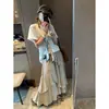 Falda de retazos irregular con volantes en capas, estilo suave y relajante para vacaciones Moqie, cintura alta MQ1567