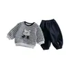 Dianxi Baby Estilo Coreano Sudadera Rayada de Osito 3D Niños Otoño Nuevo Conjunto Casual de Dos Piezas