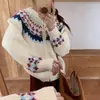 Cardigan de Tricô Casual Solto Slimming Versátil Outono Inverno Jacquard Fair Isle Retrô Gola Redonda Zíper Suéter Outer