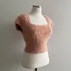 Nuevo Estilo Primavera y Verano de Dongdaemun, Corea del Sur, Suave Estilo Corto de Felpa de Manga Corta, Camiseta de Punto Versátil que Favorece la Figura