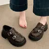 Mocasines de Mujer de Moda con Suela Gruesa 2026 Nuevo Estilo Británico Negro Hebilla de Velcro Punta Ancha Zapatos de Mujer con Suela Suave