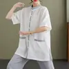 Verão 2025 Novo Estilo Chinês Retrô Solto Emagrecedor Casual Elegante Zen Roupas de Chá Roupas de Yoga Traje de Tai Chi para Mulheres