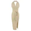 Vestido verde oscuro de cuello halter en V para mujer, vestido de verano bodycon con cinturón a la cintura, vestido corto sexy ajustado a la cadera con abertura
