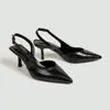 Sandalias Negras de Tira Cruzada Puntiagudas sin Talón con Pliegues, Tacón de Aguja con Hebilla, Estilo Temperamento para el Trabajo, al por Mayor, Europeas y Americanas