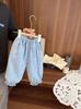 Calça Jeans Fina Estampada Super Macia para Bebê Menina Verão 2025 Novo Estilo Calças Lanterna Anti-Mosquito para Meninas