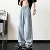 Jeans Vintage Lavados Gris Ahumado de Pierna Recta para Otoño de Adolescentes para Hombre, Cintura Elástica, Pantalones Anchos Sueltos de Moda