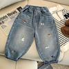 Calças jeans infantis primavera e outono, novas roupas infantis estilo ocidental primavera, calças bordadas da moda primavera para bebês