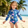 Traje de baño azul floral de manga larga para niña|Traje de baño de una pieza para bebé con cierre frontal y protección solar