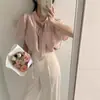 Estilo Francês Gentil Gola Volumosa Design Reversível Solta Emagrecedora Manga Bufante Chiffon Camisa Três Cores