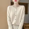 26 Otoño/Invierno 100% Lana Prenda Lista para Usar Cárdigan de Cuello Redondo para Mujer, Abrigo de Lana Versátil de Manga Larga, Top Exterior de Color Sólido