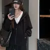 Moletom com Capuz e Bolsos Patchwork Cor Sólida Outono 2026 para Mulheres, Cardigan Top com Zíper Versátil e Estiloso de Caimento Solto