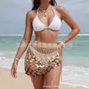 Saia de rede vazada estilo europeu e americano com cintura elástica e cordão, saia curta de crochê bodycon para praia, roupa feminina de verão com proteção solar