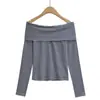 3536-25 Nuevo Estilo de Invierno Americano Sexy Sexy Rayas Puños Botón Un Hombro Manga Larga Camiseta Base T-Shirt