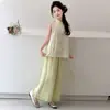 Conjunto de Verão para Meninas 2026 Novo Estilo Doce de Menina Novo Estilo Chinês Conjunto de Duas Peças de Colete e Calça de Pernas Largas Tendência Transfronteiriça