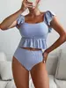 Bikini de Dos Piezas para Mujer Estilo Europeo y Americano 2026, Rayado con Volantes, Traje de Baño Estilo Casual y Fresco