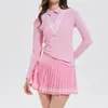 Conjunto Esportivo Novo Transfronteiriço para Mulheres, Secagem Rápida para Corrida Fitness, Camisa Polo Falsa de Duas Peças Meio Comprida, Saia Curta de Manga Longa, Roupa de Tênis