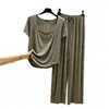 Conjunto de camiseta de manga corta con cuello cuadrado de modal y pantalones largos para mujer, casual de verano, corte holgado, ropa de casa, conjunto ligero de dos piezas