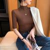 Camiseta de Manga Media de Cuello Medio para Capas Otoño Nuevo Color Sólido Simple Estilo Occidental de Gama Alta Top Delgado de Tres Cuartos para Mujer