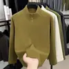 Camiseta de manga larga para hombre para otoño e invierno con cuello alto pequeño, cuello mao con botones a presión, estilo casual, color liso y capa interior cálida