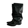 Versión de Piel de Vaca Punta Fina Botas Largas Estilo Chica Picante Hebilla de Cinturón Botas de Jinete Adelgazantes para Mujer Remache Arrugado Botas Apiladas Tacón Grueso Botas de Motociclista