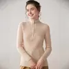 Tricô de Caxemira com Gola Alta Meia e Zíper para Mulheres no Outono e Inverno Cor Sólida Slim Top para Usar por Baixo Pulôver Base Malha para Trabalho para Mulheres
