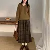 Falda Media de Lana a Cuadros para Mujer Otoño Invierno Nueva Retro Estilo Academia Plisada Cintura Elástica Falda Larga Casual Falda de Línea A