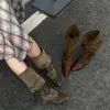 Versión en stock~ Botas largas de moda con cordones estilo patchwork retro de cuero sintético para mujer, botas cómodas anchas de tacón de plataforma retro casual