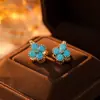 Nuevos Pendientes de Clip con Diseño de Trébol de Cuatro Hojas Azul Turquesa Microincrustado, Moda Vintage, Pendientes Elegantes y de Alta Gama, Accesorios para Orejas de Diseño de Nicho