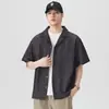 Camisa de trabajo retro americana con cuello mao, estilo old money, holgada y fluida, chaqueta corta de corte limpio de manga corta para hombre, venta al por mayor
