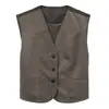 COMOS CMS 2026 Otoño Chaleco sin mangas de retazos de gamuza y lino con cuello en V y tiras en la espalda para mujer 260006