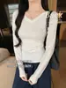 2602X Camiseta de Manga Longa com Pregas na Cintura e Decote V Estilo Coreano Selecionada Cuidadosamente para Mulheres Outono Inverno Emagrecedora Versátil Base de Algodão